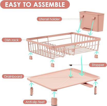 GAOKASE Dish Drying Rack, Space-Saving Dish Rack, Dish Racks for Kitchen Counter, Kitchen Dish Drainers with Removable Utensil Holder,Plate Rack and Drainboard, 11''W x 15''L, Pink