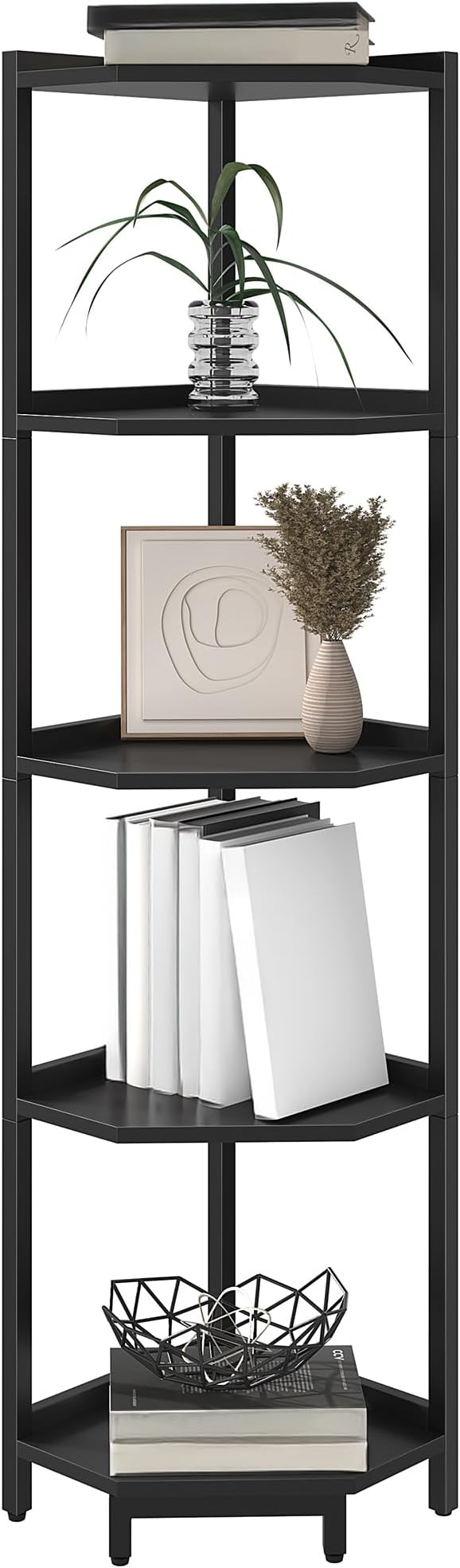 Corner Shelf Stand, Corner Bookshelf, Storage Standing Shelf Unit with Metal Frame, Plant Stand, Corner Bookcase for Living Room, Home Office, Bedroom, 5-Tier Black CS05906B