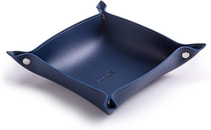SANQIANWAN Leather Jewelry Valet Tray for Women and Man, Portable Entryway Table Tray Bedside Nightstand Desk Tray Small Catchall Travel Dish Plate for Key,Wallet,Watch,Coin (8x8, Blue-B)
