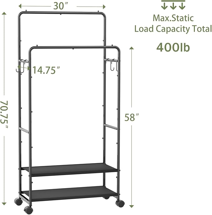 Simple Trending Heavy Duty Clothes Rack, Rolling Clothing Rack for Hanging with 2 Fabric Shelves, Portable Garment Rack Load 400 LBS, Black