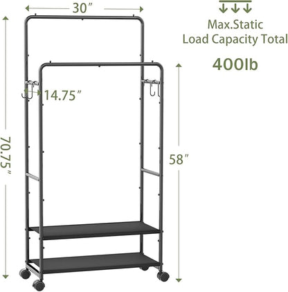 Simple Trending Heavy Duty Clothes Rack, Rolling Clothing Rack for Hanging with 2 Fabric Shelves, Portable Garment Rack Load 400 LBS, Black