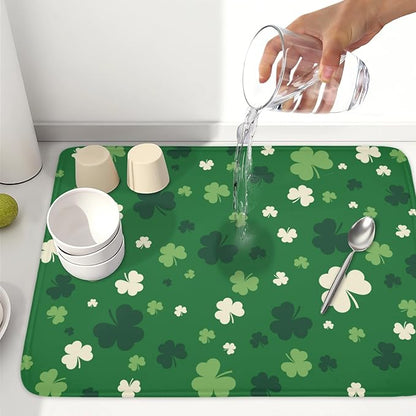 Wnoesat Green Shamrock St. Patrick's Day Dish Drying Mat for Kitchen Counter Lucky Clover large Dish Drying Pad Absorbent Reversible Microfiber Draining Pad Washable Drying Mats 18x24 Inch