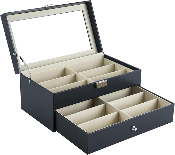 Anfrere 12 Slot Sunglasses Organizer, Lockable Leather Multi Eyeglasses Organizer with Drawers, Eyeglass Frames with Clear Glass Covers for Watch Jewelry Collection, Black