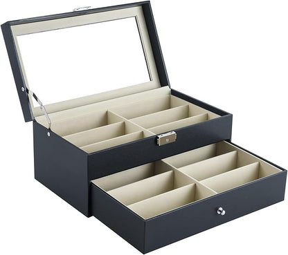 Anfrere 12 Slot Sunglasses Organizer, Lockable Leather Multi Eyeglasses Organizer with Drawers, Eyeglass Frames with Clear Glass Covers for Watch Jewelry Collection, Black