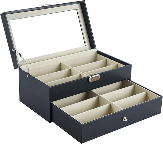 Anfrere 12 Slot Sunglasses Organizer, Lockable Leather Multi Eyeglasses Organizer with Drawers, Eyeglass Frames with Clear Glass Covers for Watch Jewelry Collection, Black
