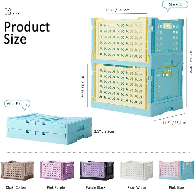 Stackable Plastic Closet Storage Basket, 2 Pack Foldable Closet Organizers and Storage Bins, Decorative Basket for Closet, Shelves, Laundry, Wardrobe Organizing (Yellow Blue)