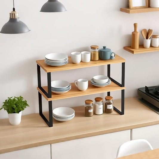 Kitchen Cabinet Organizer Shelf, Set of 2 Stackable Counter Shelves, Small Wood Cabinet Riser Shelf for Pantry Cupboard Spice Dish Mug Cup, Expandable, Metal Engineered Wood (Beige & Black, 15.6''W)