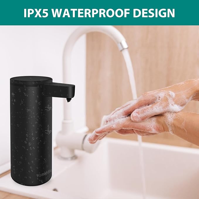 Mamiddle Automatic Soap Dispenser Stainless Steel with Sensor Infrared Soap Dispenser Electric IPX5 Waterproof USB-C Charging Motion Sensor for Kitchen & Bathroom (Black)