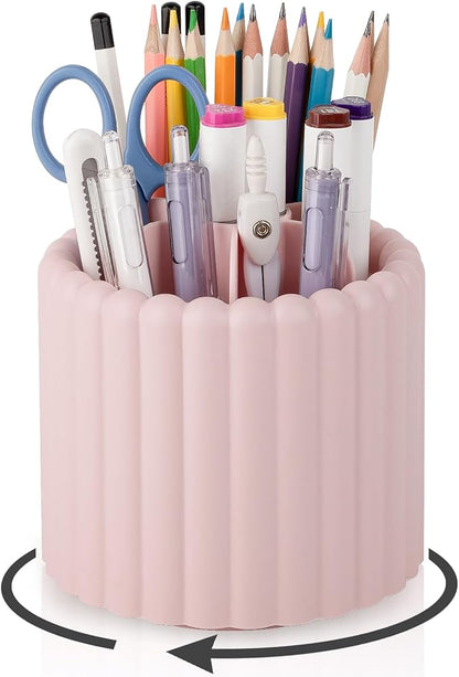 Anyoifax 360° Rotating Pen Holder 7 Slots Desk Organizer Removable Pencil Cup Plastic Art Supplies and Accessories Desktop Storage Box Caddy for Office, School, Home (Pink)