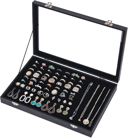 Ring Holder Organizer Box, Jewelry Display Case, Earring Necklace Storage Tray With Top Glass Lid (Black, 100 Slots)