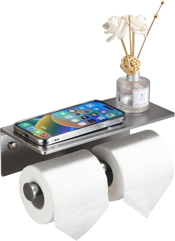 Toilet Paper Holder - Double Rolls Toilet Tissue Holder with Phone Shelf for Bathroom - TP Roll Holder with Wipes Storage, Wall Mounted by Adhesive Tape No Drilling or Screw - Brushed Nickel