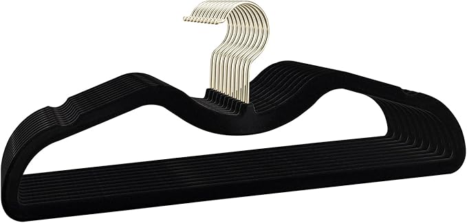 ZBODIMP Velvet Short Neck Hangers - Heavy-Duty, Non-Slip Felt Surface, Space-Saving Design with Anti-Slip Grooves & Shoulder Shape, 360° Rotating Hooks, Durable for Coats, Shirt& Dresses (10, Black B)