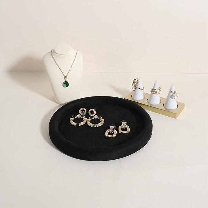 GemeShou Round Jewelry Organizer Plate, Top Microfiber Velvet Jewelry Display Tray, Empty Jewelry Showcase Tray for Necklaces, Bracelets, Rings, Earrings (Black-Medium, 7.9 x 7.9 in)
