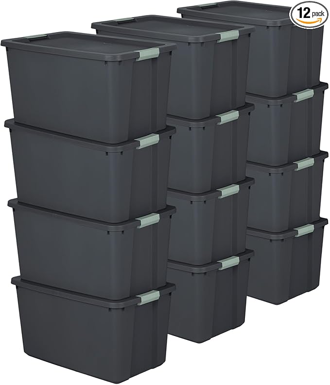 Sterilite 12 Pack 34 Gallon Latch Tote, Stackable Plastic Storage, Gray/Green