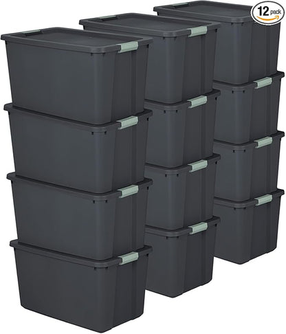 Sterilite 12 Pack 34 Gallon Latch Tote, Stackable Plastic Storage, Gray/Green