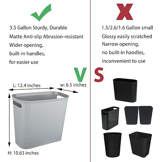 rejomiik Small Trash Can, 3.5 Gallon Garbage Can, Slim Waste Basket, Plastic Trash Bin Container with Handles for Bathroom, Bedroom, Home, Office, Dorm Room, Kitchen, Rectangular, Gray, 1 - Pack