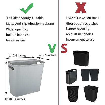rejomiik Small Trash Can, 3.5 Gallon Garbage Can, Slim Waste Basket, Plastic Trash Bin Container with Handles for Bathroom, Bedroom, Home, Office, Dorm Room, Kitchen, Rectangular, Gray, 1 - Pack