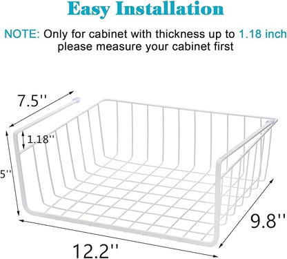 Tebery 4 Pack White Under Shelf Wire Basket Hanging Storage Baskets, Small Add-on Storage Racks Slide-in Cabinet Baskets Organizer for Kitchen Pantry Desk Bookshelf