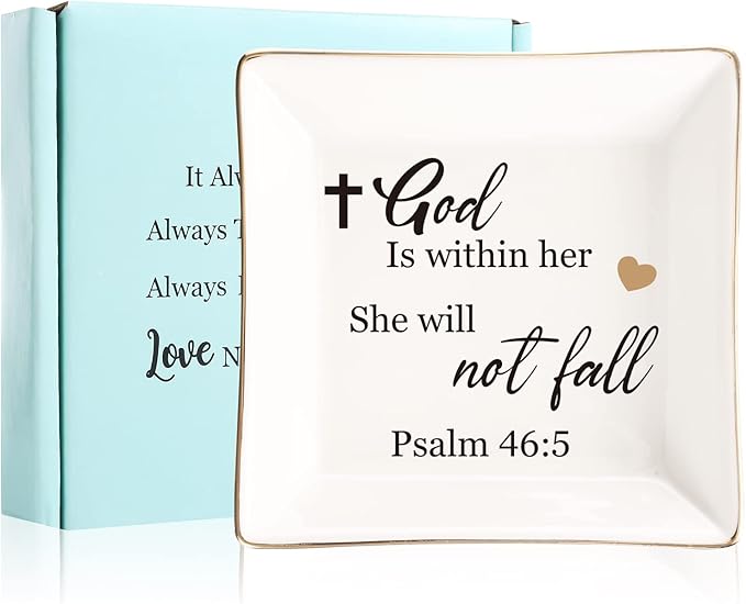JOYIMARR Religious Gifts for Women Christian-Ceramic Ring Dish -God is Within Her She Will Not Fall, Christian Gifts for Mom Sister Aunt