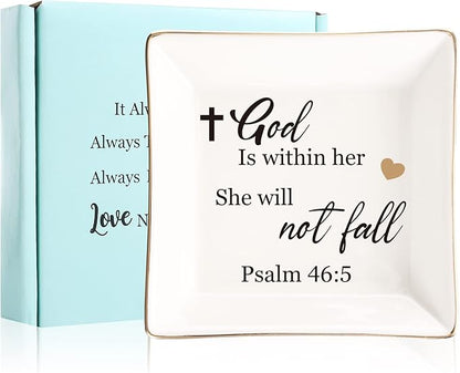 JOYIMARR Religious Gifts for Women Christian-Ceramic Ring Dish -God is Within Her She Will Not Fall, Christian Gifts for Mom Sister Aunt