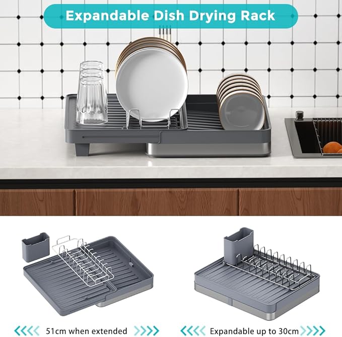 YOJIA Stainless Steel Dish Drying Rack, Extendable Dish Drainer Rack, Drainboard, Detachable Cup Shelf, Rustproof Multifunctional Organizer for Kitchen Counter, Cup Holders, Utensil Holder (14-Grey)