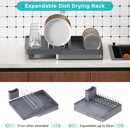 YOJIA Stainless Steel Dish Drying Rack, Extendable Dish Drainer Rack, Drainboard, Detachable Cup Shelf, Rustproof Multifunctional Organizer for Kitchen Counter, Cup Holders, Utensil Holder (14-Grey)