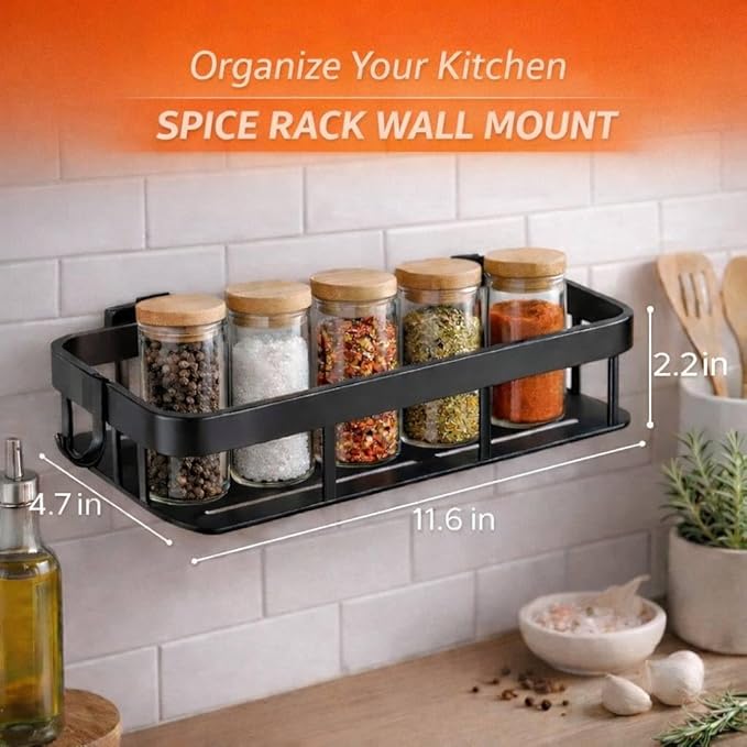 Spice Rack Wall Mount, Adhesive No Drill Wall Mounted Spice Rack for Kitchen & Pantry, 2 Pack Stainless Steel Organizer with Hooks, Renter Friendly