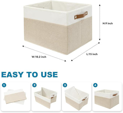 4 Pack Fabric Storage Baskets for Shelves, Closet Storage Bins for Shelves, Fabric Baskets for Organizing with Handles for Home and Office (White with Beige,15"L*10.2"W*9"H)
