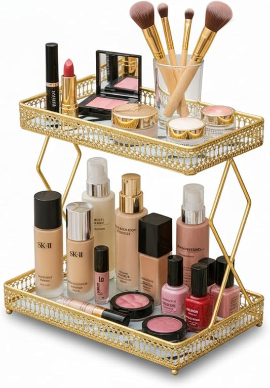 MLVOC Makeup Organizer Countertop, Gold Skincare Organizer, Durable Metal Storage for Bathroom or Bedroom Vanity, Tall Spacious Design for Large Bottles