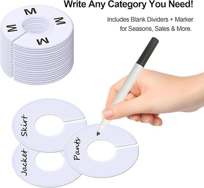25 Pcs Clothing Rack Size Dividers Round White Plastic Size Markers for Clothing Rack Pre-Labeled (XXS-XXXL) & Blank Dividers & Erasable Pen for Closet, Retail Store, Wardrobe