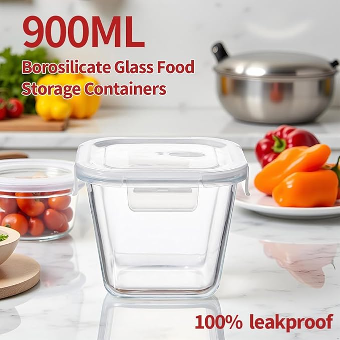 4 Cup Square Glass Food Storage Container with Lids, Square Glass Soup Container with Airtight Lids, 32 OZ Food Prep Bowls for Leftovers, Salad, Microwave、Fridge、Dishwasher Safe (4 Pack)