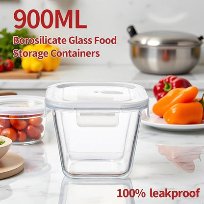 4 Cup Square Glass Food Storage Container with Lids, Square Glass Soup Container with Airtight Lids, 32 OZ Food Prep Bowls for Leftovers, Salad, Microwave、Fridge、Dishwasher Safe (4 Pack)