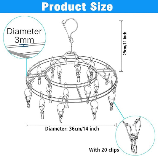 Stainless Steel Sock Drying Rack with 20 Clips, Stainless Steel Space-Saving Dryer Rack Washline with Peg for Sock,Towels,Bras,Underwear Etc Small Laundry Items (Stainless Steel-Round)
