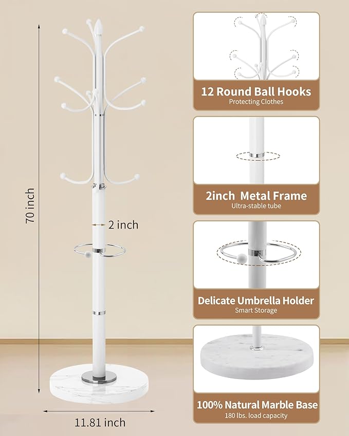 Modern Coat Rack Stand, Metal Freestanding Coat Rack with Natural Marble Base, Heavy-Duty Coat Racks with Umbrella Holder,White Coat Hanger Stand with 12 Hooks for Office, Entryway, Hallway