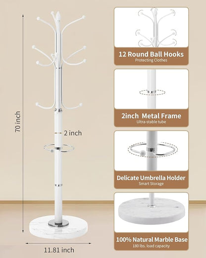 Modern Coat Rack Stand, Metal Freestanding Coat Rack with Natural Marble Base, Heavy-Duty Coat Racks with Umbrella Holder,White Coat Hanger Stand with 12 Hooks for Office, Entryway, Hallway