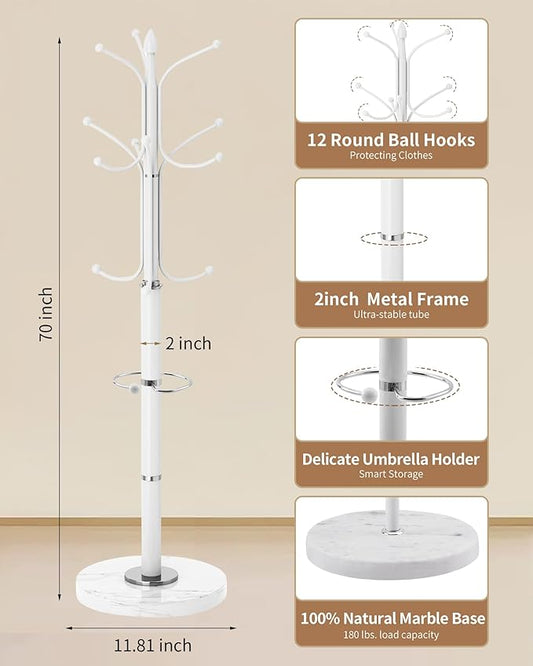 Modern Coat Rack Stand, Metal Freestanding Coat Rack with Natural Marble Base, Heavy-Duty Coat Racks with Umbrella Holder,White Coat Hanger Stand with 12 Hooks for Office, Entryway, Hallway