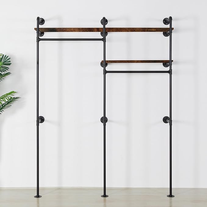 Industrial Pipe Clothing Rack - Black Wall Mounted Clothes Rack with 2 Hanging Rods & 2 Wooden Shelves, Closet Organizers and Storage for Retail Store, Bedroom (79.5 x 59in)