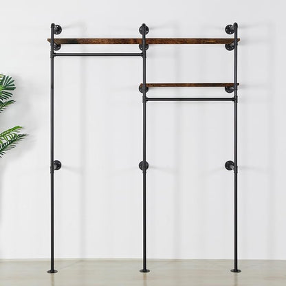 Industrial Pipe Clothing Rack - Black Wall Mounted Clothes Rack with 2 Hanging Rods & 2 Wooden Shelves, Closet Organizers and Storage for Retail Store, Bedroom (79.5 x 59in)