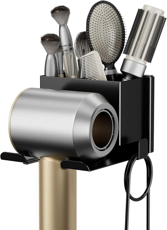 MAYZOLOP Hair Dryer Holder Wall Mounted, Hair Tools Organizer, Bathroom Space-Saving Blow Dryer Organizer Curling Irons Storage Wall Mounted Black (Self-Adhesive and Drilling)