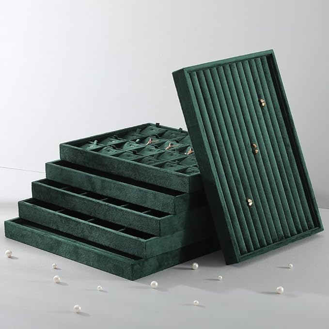 Velvet Ring Display Tray, Stackable Muilt Slot Rings Ear Stud Storage Tray, Drawer Insert Jewelry Accessories Organizers Plate (Green)