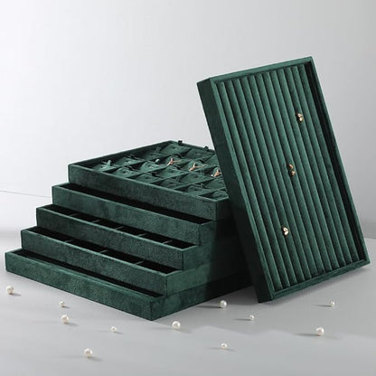 Velvet Ring Display Tray, Stackable Muilt Slot Rings Ear Stud Storage Tray, Drawer Insert Jewelry Accessories Organizers Plate (Green)