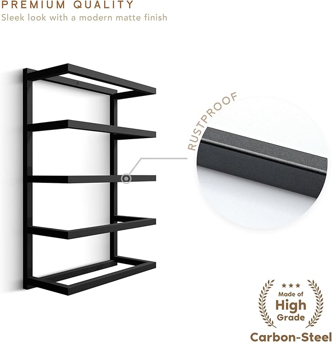 Modern 5-Tier/6-Tier Towel Rack - Wall-Mounted Black Metal Towel Shelf for Bathroom, Space-Saving Storage for Towels, Organizers, and Home Decor (5-Tier)