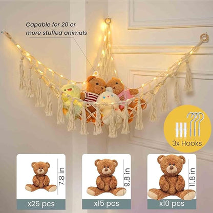 Stuffed Animal Hammock with 75LEDs, Extra Large 55in Toy Storage Macrame Hammock, Hanging Toy Net for Kids Bedroom Doll Room Corner Organizer, USB Plush Toy Hammock with Remote(XL)