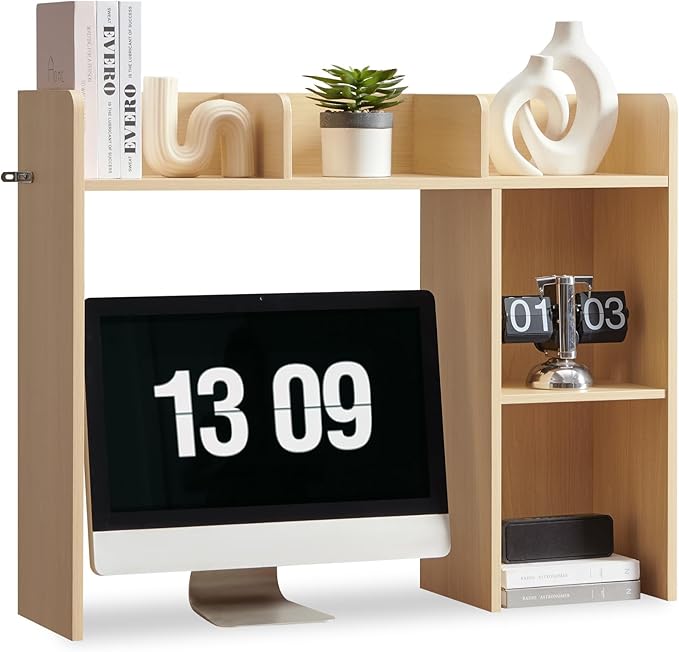 Desktop Bookshelf, Wooden Desk Storage Hutch with 5 Shelves, 3-Tier Desktop Display Organizer Rack for Office Home (Natural, 5 Shelves A)