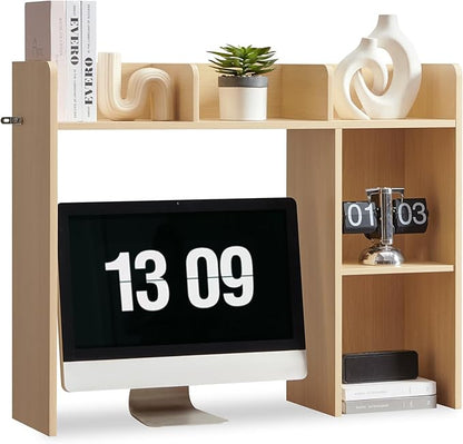 Desktop Bookshelf, Wooden Desk Storage Hutch with 5 Shelves, 3-Tier Desktop Display Organizer Rack for Office Home (Natural, 5 Shelves A)