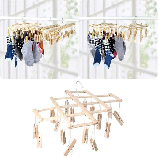Folding Hangers Foldable Laundry Socks Hanging Rack Multi Hanger Socks Hook Dryer Folding Drying Rack Clothespin Baby Clip Wooden