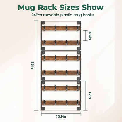 EsLuker.ly Mug Holder Hanger Rack Wall Mounted Wooden 3 Pack Coffee Cup Storage Organizer Display Shelf with 24 Movable Plastic Hooks, Ideal for Mug Collectors