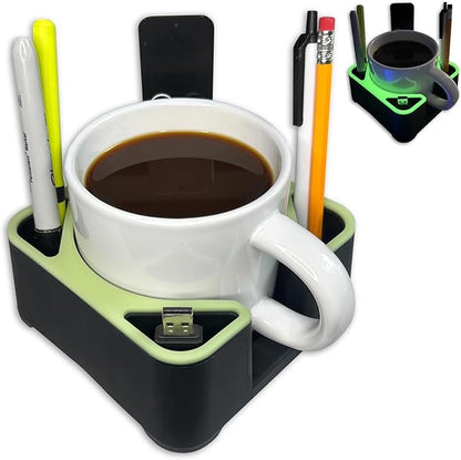 MugBrick Spill-Proof Mug Holder and Desk Organizer. Non-Tip Coffee Cup Holder with Pockets for Pens and Small Remotes. Ideal for Bed, Desktop or Couch, Gift for Coffee Drinkers, Black + Yellow Glow