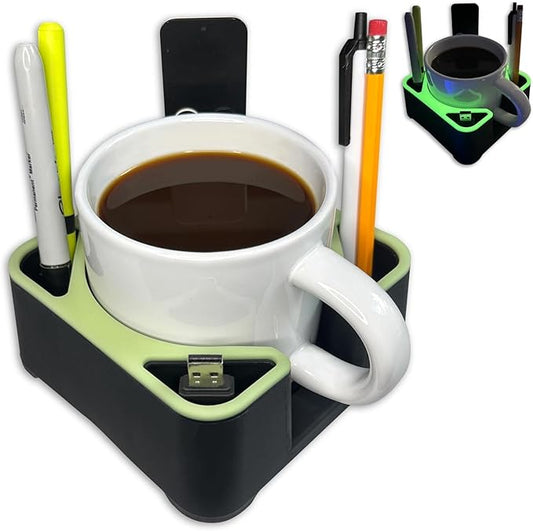 MugBrick Spill-Proof Mug Holder and Desk Organizer. Non-Tip Coffee Cup Holder with Pockets for Pens and Small Remotes. Ideal for Bed, Desktop or Couch, Gift for Coffee Drinkers, Black + Yellow Glow