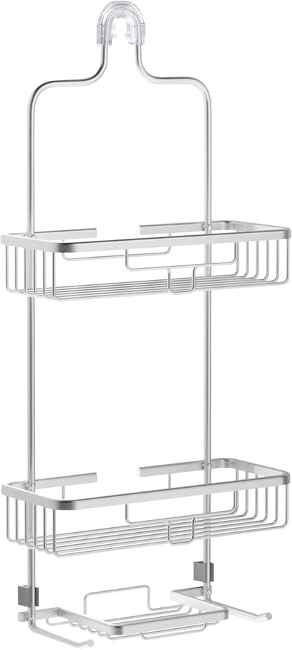 Zenna Home Rustproof Hanging Shower Caddy, Over the Shower Head Caddy with 2 Shelves and Built In Hooks, Aluminum Bathroom Hanging Organizer, Satin Chrome